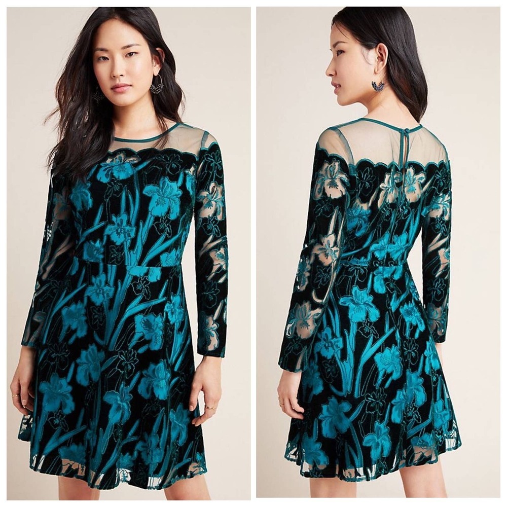 NWT Anthropologie Eva Franco Juliet Teal Velvet Floral Dress